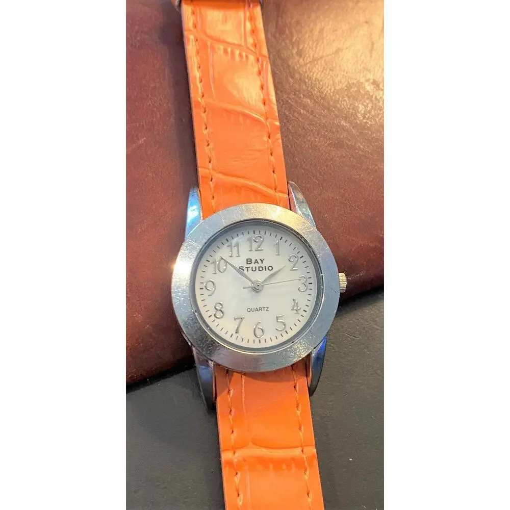 Bay Studio Lady's Silver Tone 30mm Watch with Peach Colored Band
